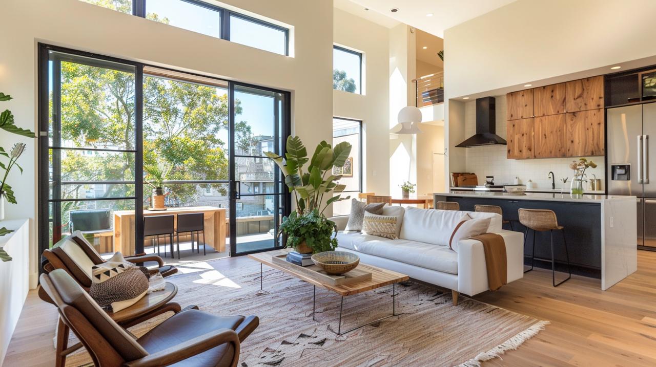 Seamless open concept layout featuring kitchen and living area with engineered hardwood flooring, modern furnishings, and large windows creating bright, airy space.