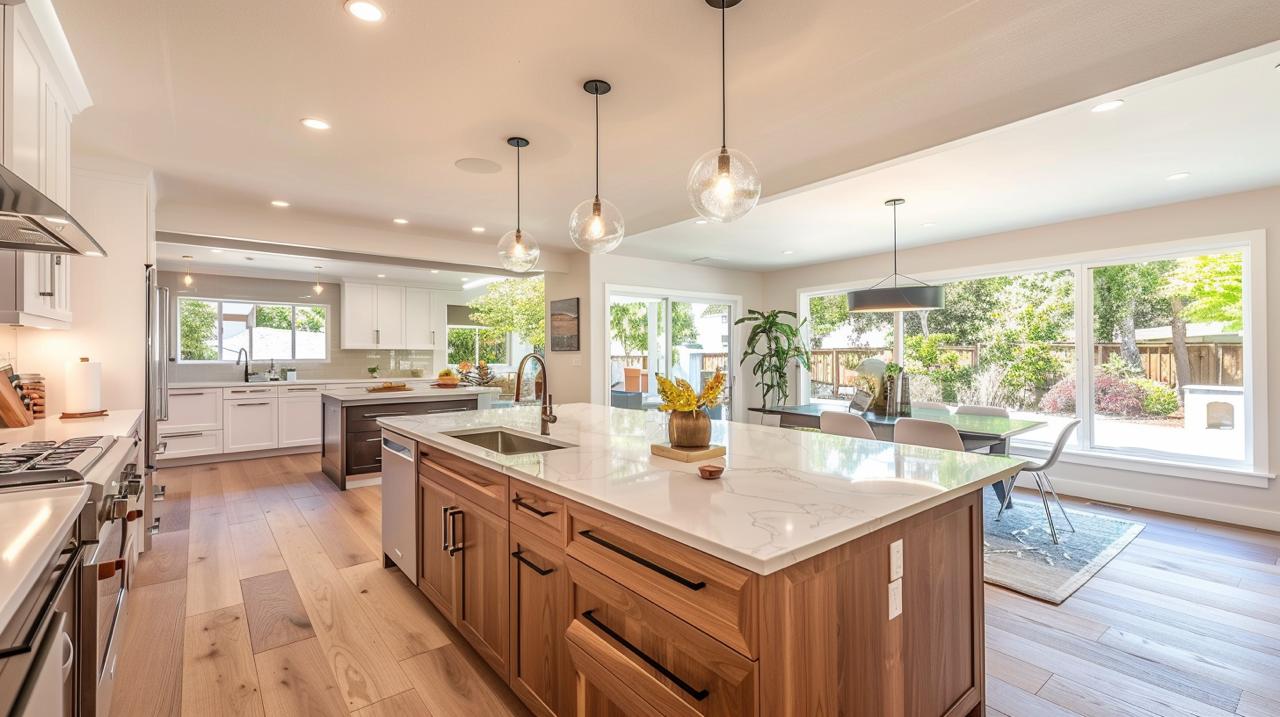 Warm wood kitchen island with white quartz countertops, pendant lighting, and large windows providing abundant natural light
